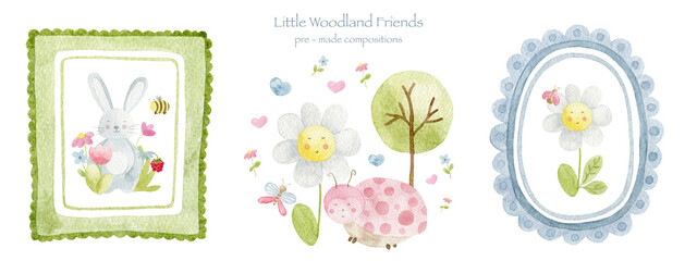 Watercolor woodland nursery framed illustrations with bunny flower and ladybug © SophieMyWatercolor