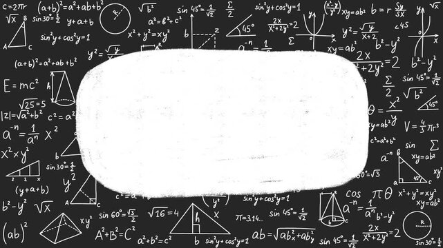 Animated math background with scrolling formulas and central blank copy space. For educational intros, online tutoring ads, and science-themed video presentations.