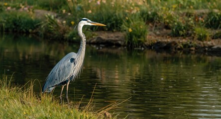 Blue heron with majestic posture next to a calm little pond at late afternoon