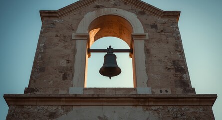 Obraz premium Church bell tower structure with bell and open copy space