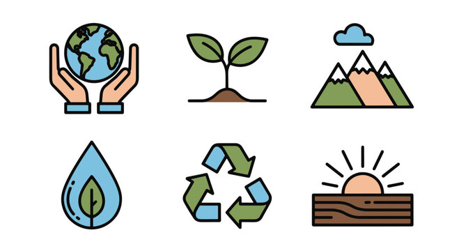 Collection of Environmental Nature Conservation Symbols Featuring Earth Plant Mountains Water and Recycling Icons
