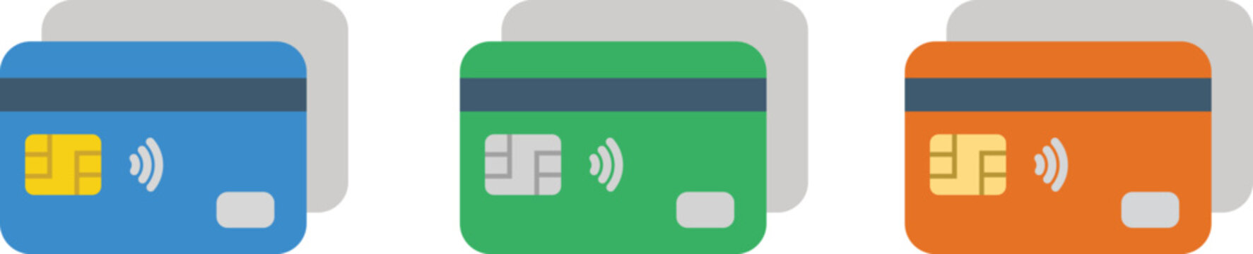 Three flat design credit cards are displayed in blue green and orange colors with chip and magnetic stripe high quality professional