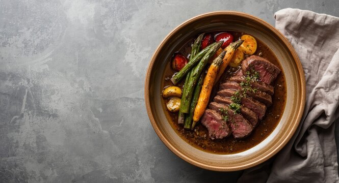 Dry aged sirloin steak tagliata paired with roasted vegetables and truffle sauce served in sleek ceramic bowl with copy space