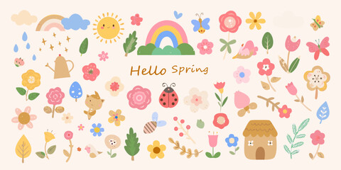 Fototapeta premium A cheerful spring illustration featuring flowers rainbows and whimsical elements