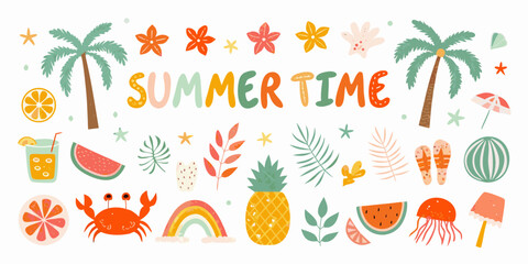 Playful summer illustration with tropical fruits palm trees and ocean elements © Kabita