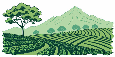 A serene landscape of lush green hills and a majestic mountain in the distance. Vector © zalal