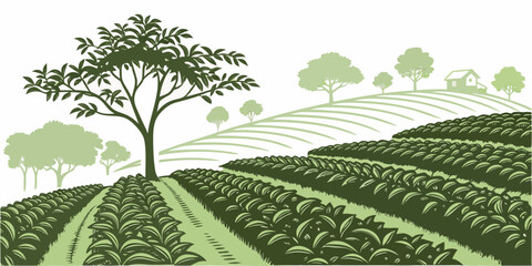 A serene landscape with a single tree standing tall on a hillside surrounded by lush greenery Vector © zalal