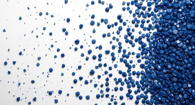 Close up of dark blue plastic masterbatch granules in multiple sizes on white surface