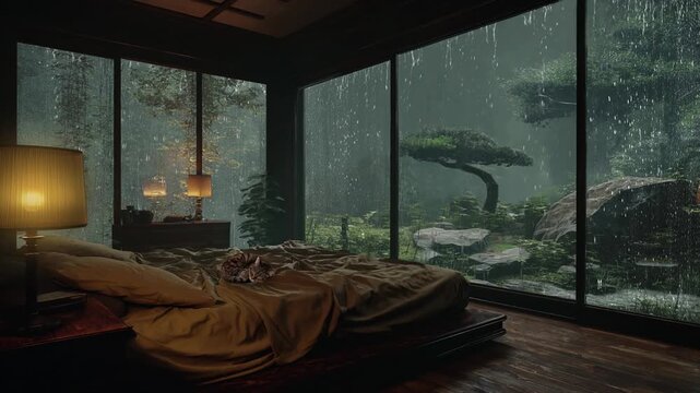 Cinematic dark bedroom with a cat on bed, heavy rain falling in a zen rock garden outside.
