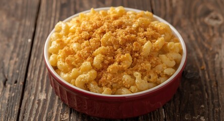 Delightful baked macaroni and cheese featuring golden crumb topping on weathered wood
