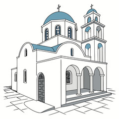 A serene and elegant illustration of a white church with blue domes and crosses Vector © zalal