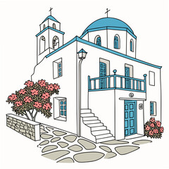 A picturesque greek island church with vibrant blue domes and a red roof. Vector © zalal