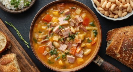 Fototapeta premium Delicious white bean soup with ham and garden vegetables served with fresh bread