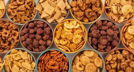 Fototapeta premium Assorted crunchy snacks assortment in vibrant bowls