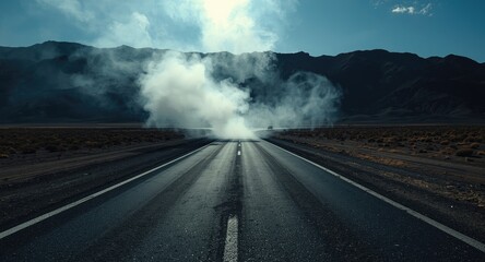 Cold white smoke above dark blue asphalt road in shadowy deserted mountain setting
