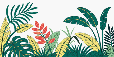 Vibrant tropical plants with lush green foliage and colorful flowers in a natural setting Vector