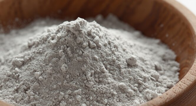 Close up on powdered titanium dioxide with fine gray texture in a wooden bowl for pigment industry