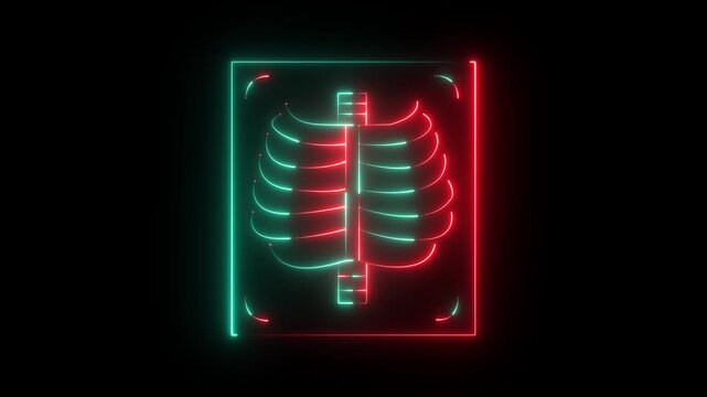 Glowing neon X-ray icon isolated on black background. Medical x ray scan icon. 4k video animation.