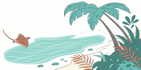 A vibrant beach scene featuring a dolphin leaping in the ocean with palm trees in the background Vector