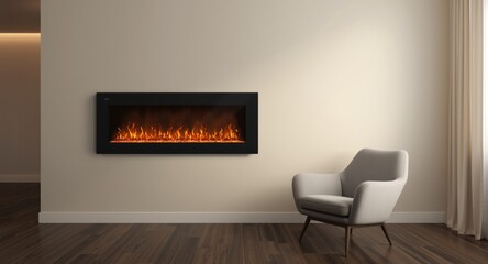 Naklejka premium Wide view of modern electric fireplace featuring genuine flame visuals on wall with soft gray chair in tranquil living room ambiance