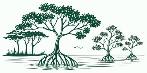 A serene landscape with three trees and a hill in the background Vector © zalal