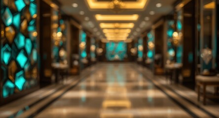Luxury hotel corridor with cool teal and gold pentagon bokeh lights in a blurred background setting