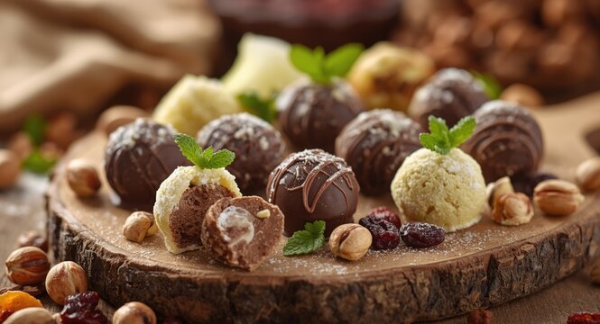 Wholesome handcrafted chocolate truffles combined with lime slices hazelnuts and dried fruits as fitness treats