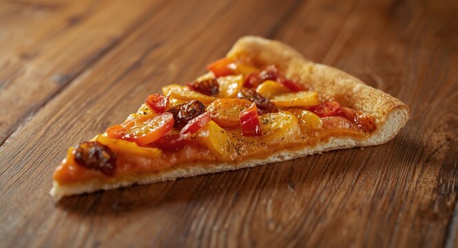 Close perspective of a rectangular pizza slice garnished with roasted potatoes, tomato, and creamy cheese