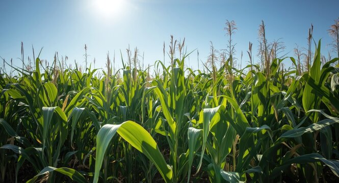 Bright sunny farmland with mature corn plants at harvest stage