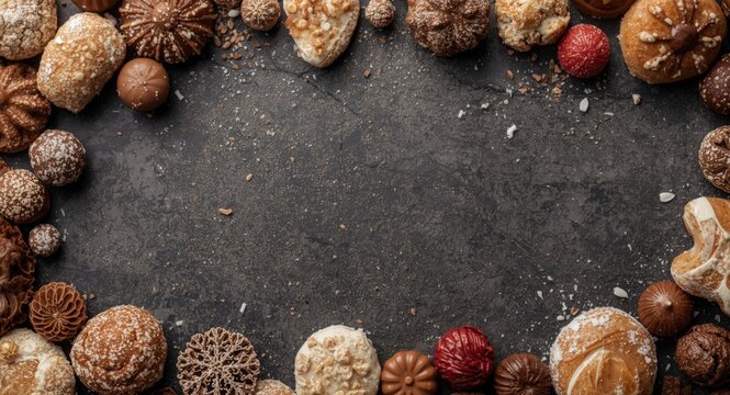 Arrangement of kruidnoten and pepernoten sweets for festive background with copy space
