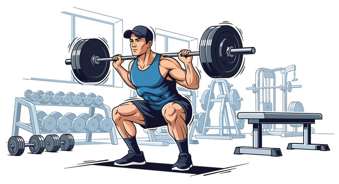 Man Squatting with Barbell in Gym