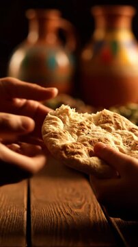 Hands of a Middle-Eastern man and woman exchange traditional flatbread in a warm, rustic setting with clay pots and a wooden table in the background
