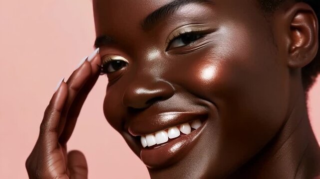 A dark skin woman smiles while applying skin care products. She explains her routine to keep her skin healthy. The setting is bright and lively, focusing on her skin care tips