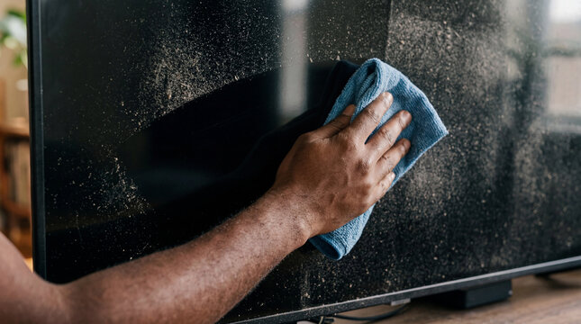 Cleaning a large screen TV, a close-up of a person's hand wiping the dirty surface with a blue cloth, in a bright home environment.