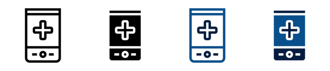 Obraz premium Iconos de salud móvil. Teléfono con cruz médica, atención sanitaria digital, servicios médicos online, tecnología de salud, medicina móvil. Ilustración vectorial