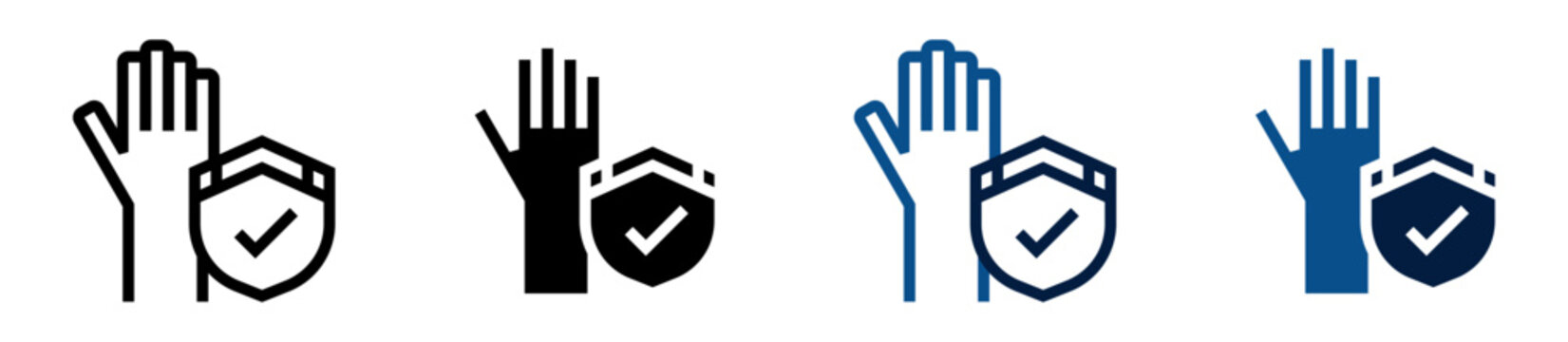 Iconos de protecci&oacute;n garantizada. Mano junto a escudo con aprobaci&oacute;n, seguridad confiable, garant&iacute;a de protecci&oacute;n, respaldo seguro, defensa confiable. Ilustraci&oacute;n vectorial
