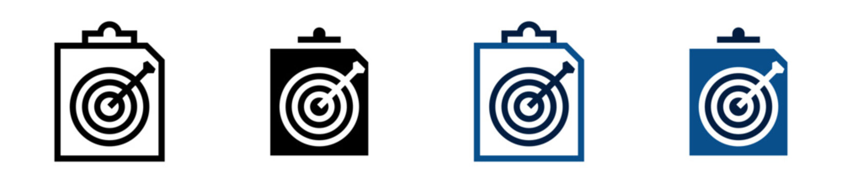Iconos de objetivo. Portapapeles con diana y dardo, planificaci&oacute;n de metas, seguimiento estrat&eacute;gico, control de resultados, gesti&oacute;n de objetivos. Ilustraci&oacute;n vectorial