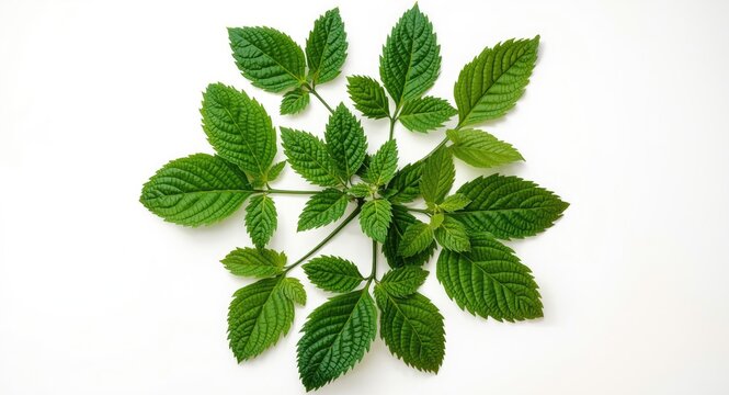 Composition of fresh stinging nettle leaves positioned neatly on a pure white surface emphasizing leaf vibrance