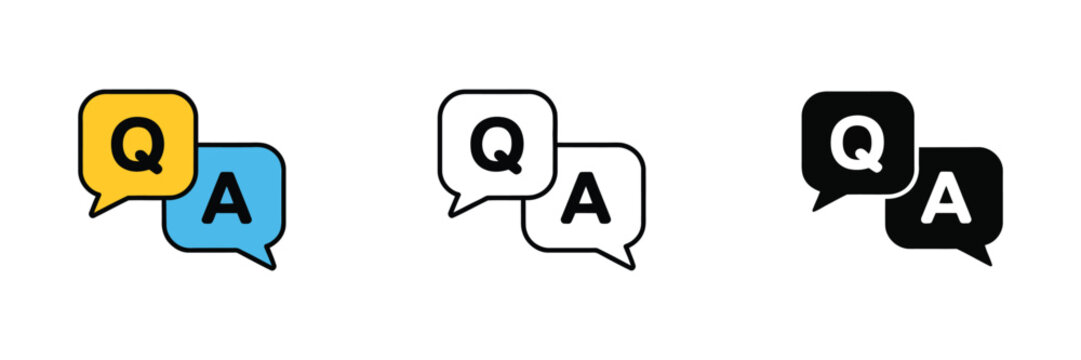 Question and answer icon, FAQ line symbol, Q&A letters, thin black outline, solid style, blue and yellow speech bubble, flat vector illustration