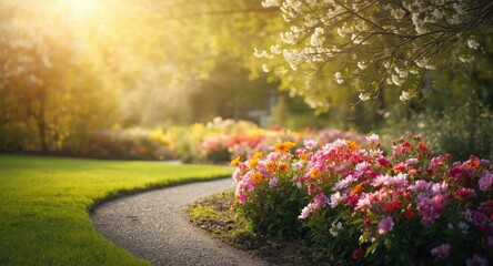 Obraz premium Golden sunlit trails featuring clusters of lively blooming flowers