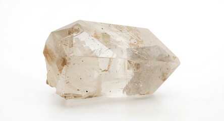 Close shot of Lemurian quartz stone with pure white photographic background