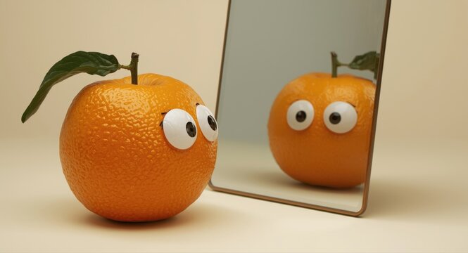 A curious orange fruit looking at itself in a mirror dreaming of becoming an apple