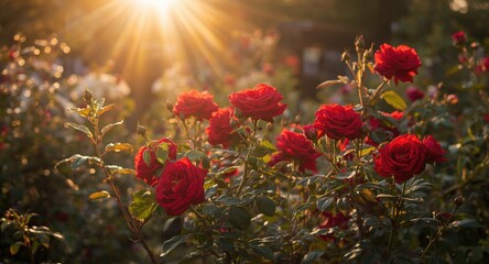 A lively garden scene with radiant red roses under warm light for greeting card use