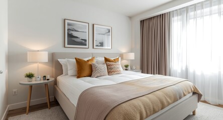 Fototapeta premium Bright apartment bedroom featuring a master bed with a combination of colorful pillows