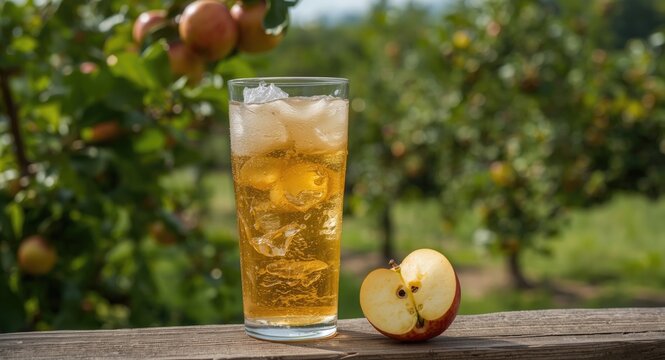 Cold brut apple cider in glass sitting on timber surface with orchard scenery behind