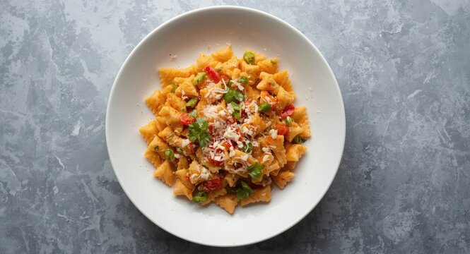Direct overhead shot of homemade strozzapreti pasta on a white plate featuring copy space