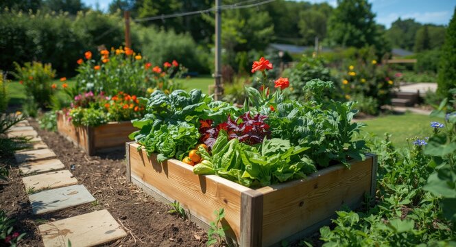 Raised planting area blooming with healthy vegetables in a residential garden