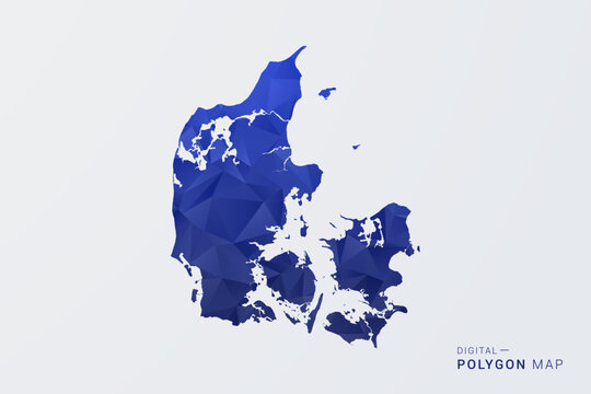 Denmark Map - Polygon Style Vector Illustration in Deep Blue Gradient, Low Poly Geometric Design, Clean Silhouette Isolated on White Background for Infographics.