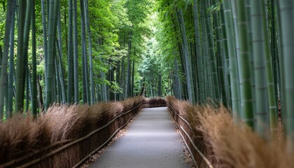 Fototapeta premium Serene bamboo forest pathway with lush greenery and natural light
