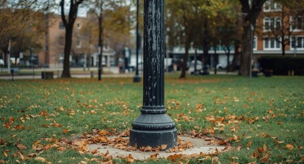 Naklejka premium Copy space around metal base of electric pole located in urban park front shot
